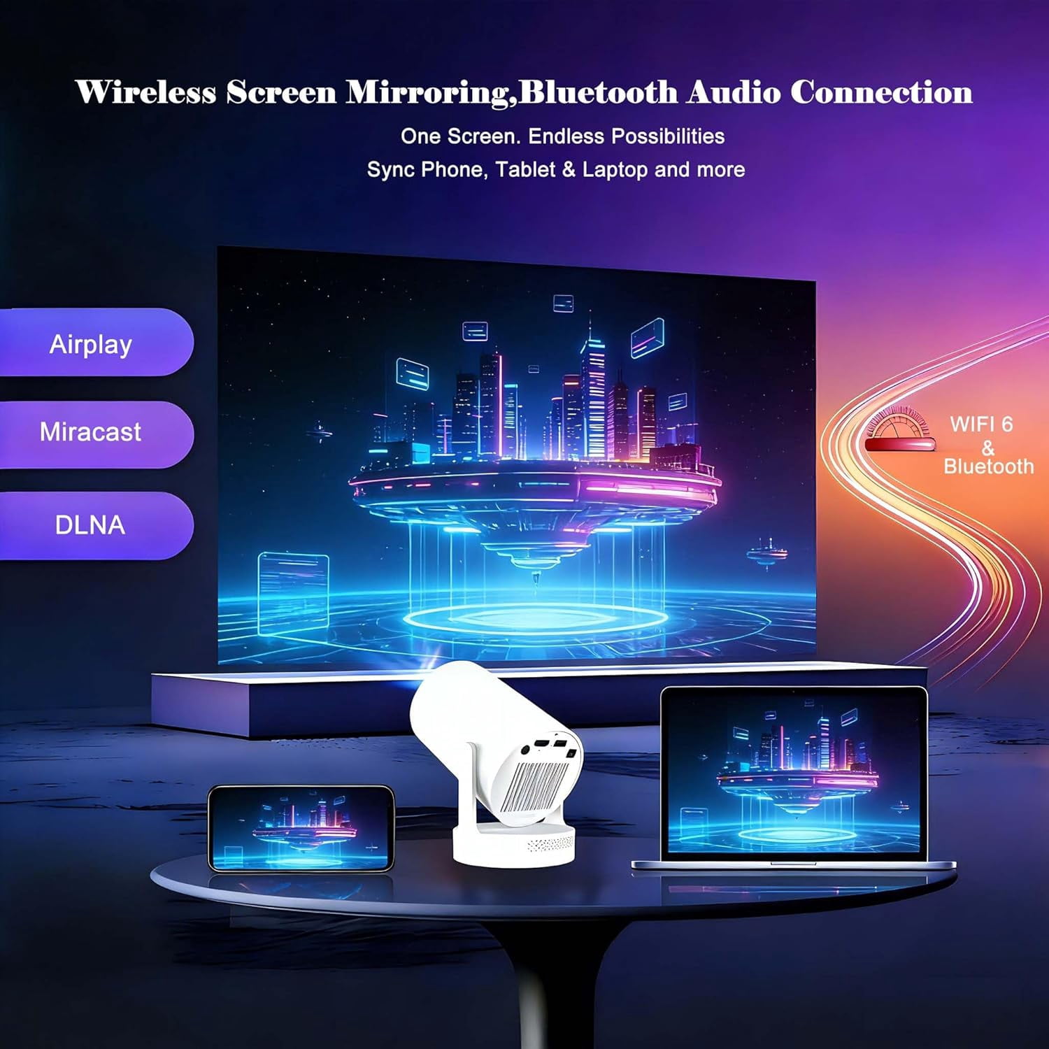 Short Throw Projector with WiFi  Android 11 Auto  Portable  Projector for Bedroom Outdoor Ceiling Wall