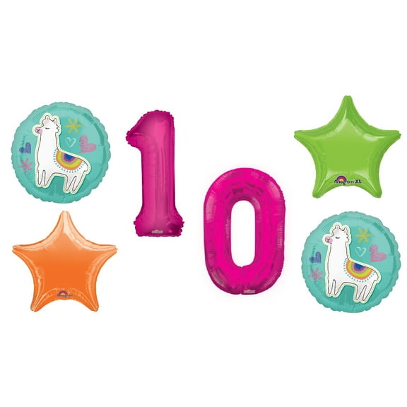 Selfie Celebration Llama Round Balloon Bouquet 5 pc, 10th Birthday, Hotpink