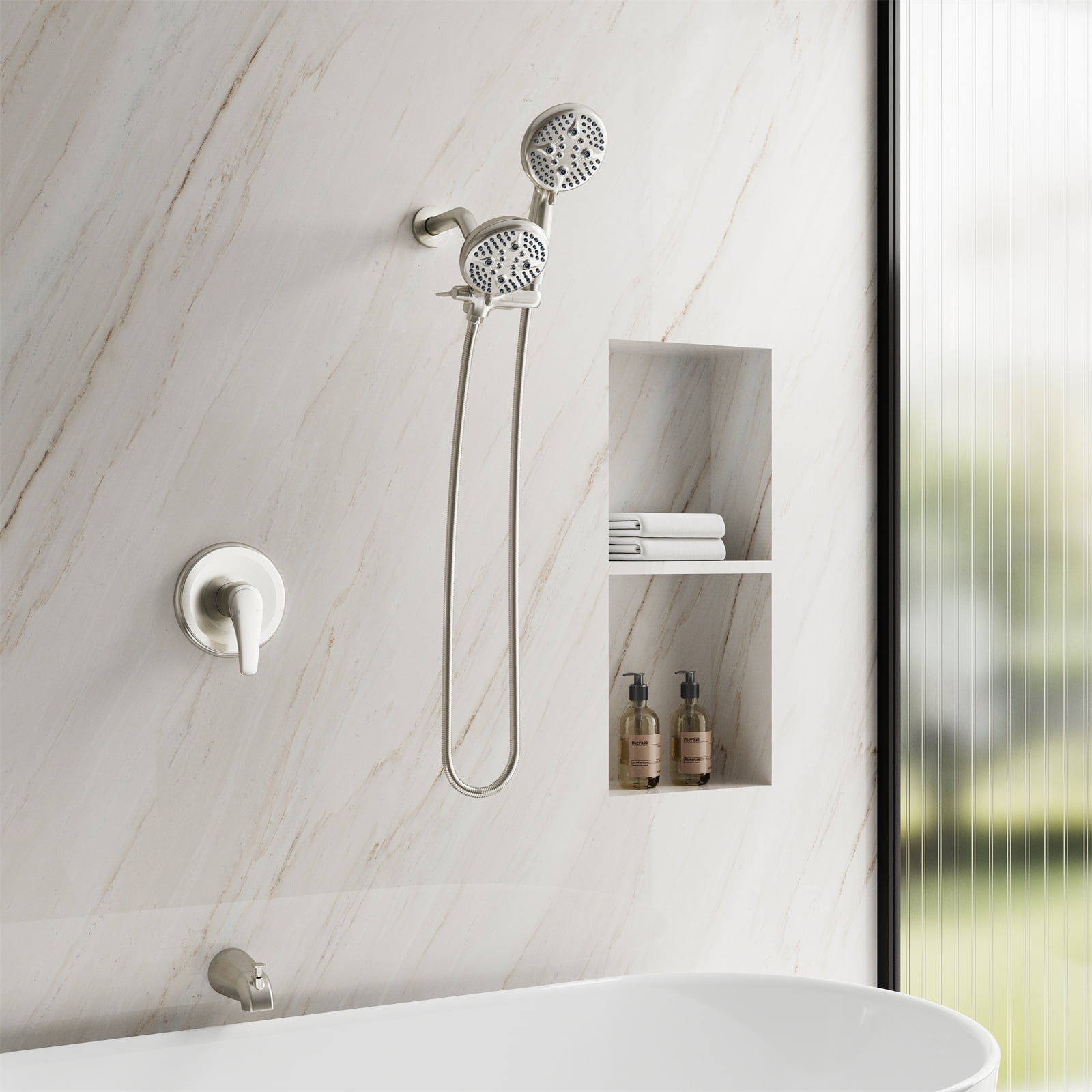 Angeleshome Bathtub Shower Faucet Set with Tub Spout, 3-in-1 Dual Shower Head System with Handheld Spray Combo, 5-Mode, Valve Trim Kit, Brushed Nickel