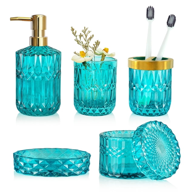 Juego de accesorios de baño LaMarriti Teal Glass, 5 piezas
