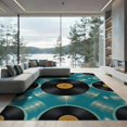 thumbnail image 2 of ODIKA 6'x9' Washable Area Rug Music Record Cd Vintage Disc Sound Wave Motif Round Retro Vinyl Refined for Queen Size Bedroom, Under Bed, Master Suite, Easy Care, Non-Shedding, 2 of 7