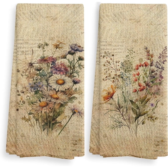 Vintage Floral Kitchen Towels and Dishcloths Set of 2, Vintage Decorative Kitchen Towels, Bouquet Decorative Towels, Retro Wildflowr Drying Cloth Hand Towels for Bathroom Kitchen, 1624 Inches