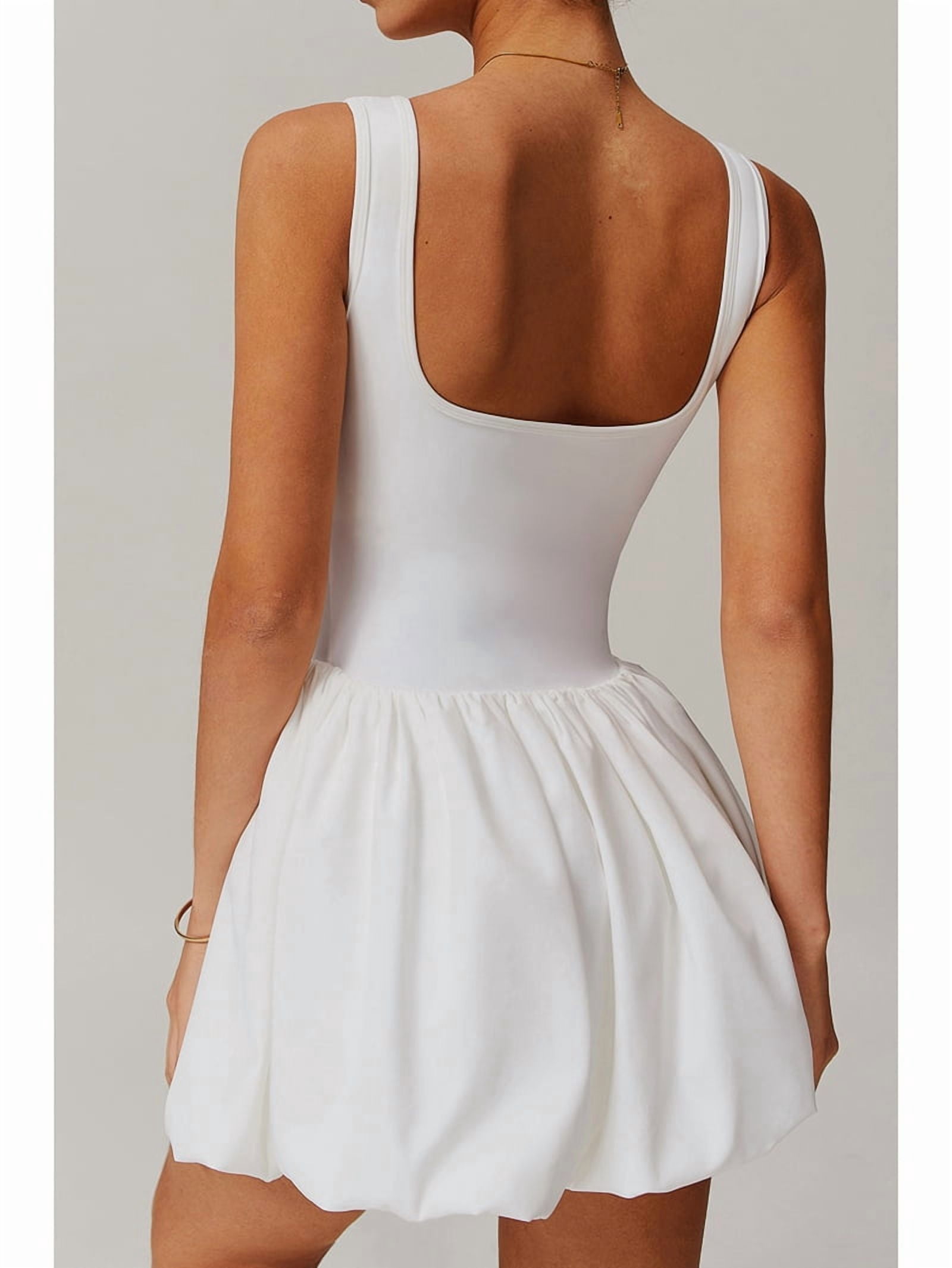 Womens Bubble Tennis Dress Squre Neck Sleeveless Workout Golf Athletic Dresses Build in Shorts with Pockets