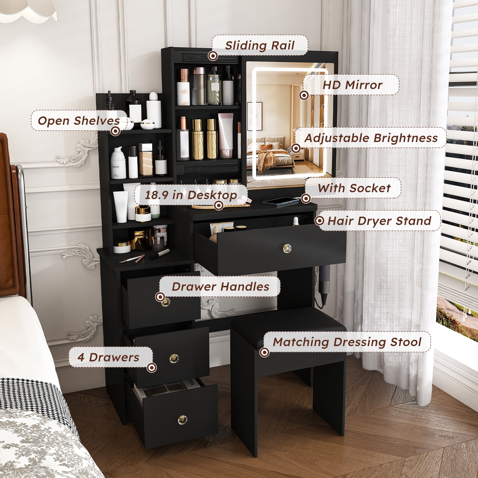 Mintazer Modern Vanity Desk Set with LED Lighted Mirror & Stool, Makeup Vanity with Power Outlet, Hair Dryer Holder, 4 Drawers & Open Shelves, Black