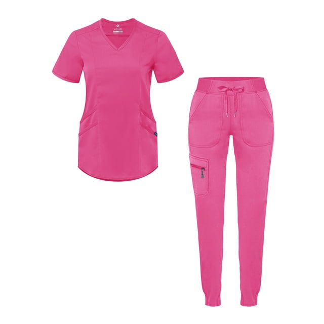 Adar Pro Modern Athletic Scrub Set For Women - Modern V-Neck Scrub Top & Yoga Jogger Scrub Pants