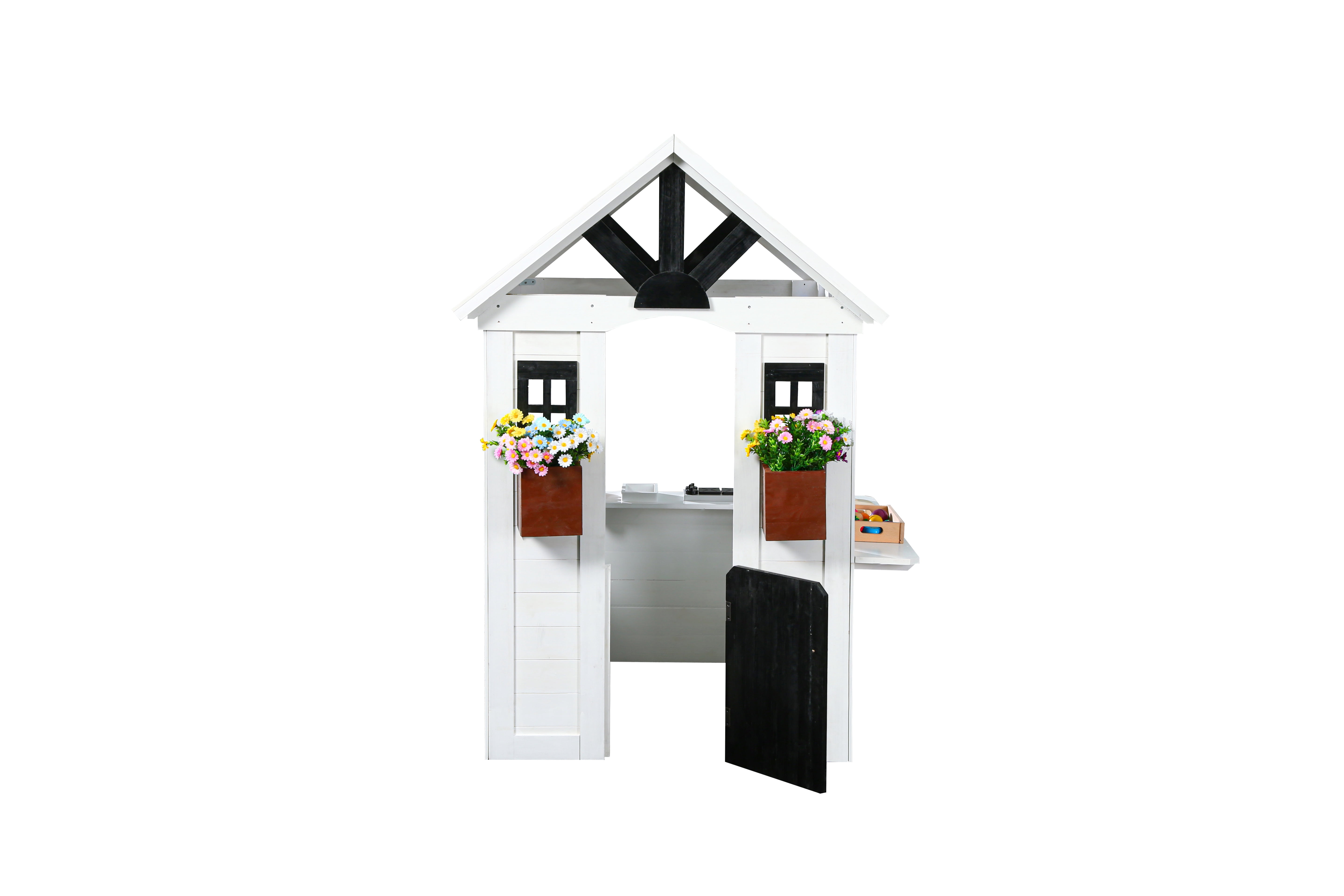 2MamaBees Ajure Playhouse | White & Black Farmhouse Design with Kitchen and Garden