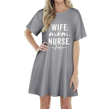 

MHL Women Wife Mom Nurse Letter Print Round Neck Short Sleeve Sleep Dress