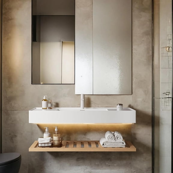 36"Floating Bathroom Vanity Sink Combo, Wall Mounted Storage Cabinet W/Acrylic Basin Sink Countertop, Striped Shelf, White with Walnut, Faucet Not Included