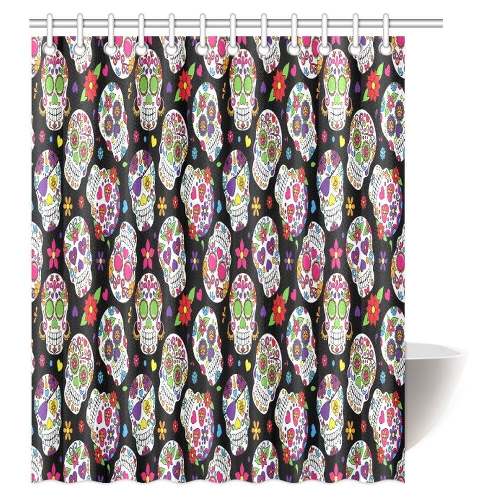 Pop Skulls Shower Curtain Set Home Decor Fl Colorful Hippie Sugar Flowers On Dark Bathroom 60x72 Inch