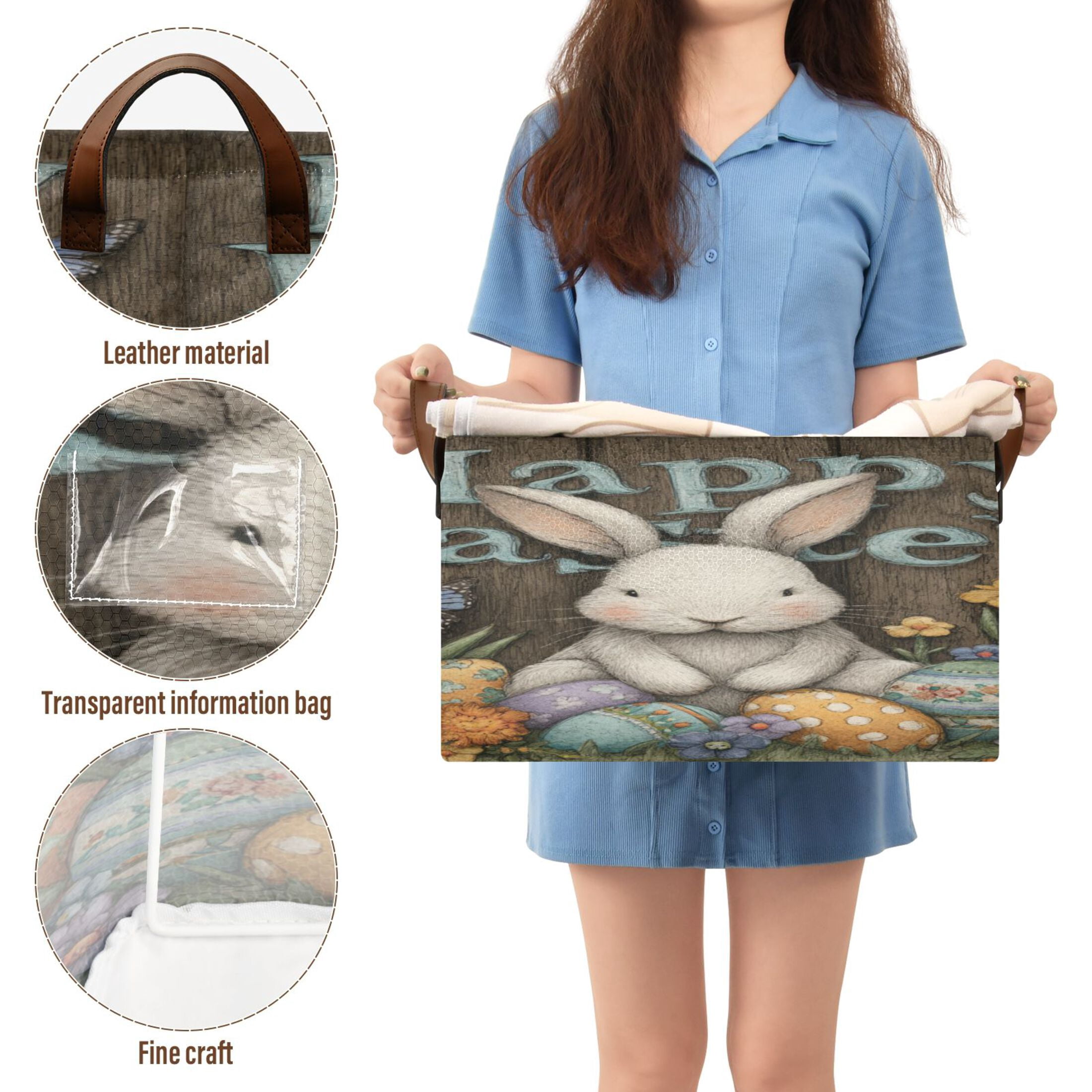 WobogoCute Easter Bunny Storage Basket 16.9×11.4×10in Collapsible Oversized with Metal Iron Frame