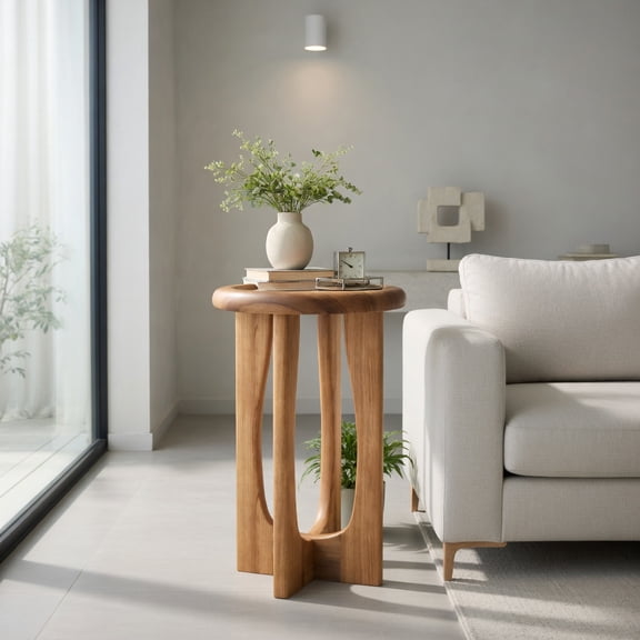 Spaco Natural 14 Inch Farmhouse End Table, Round Tray Top & Wood Cross Legs, Rustic Solid Wood Side Table for Porch, Bedroom & Living Room