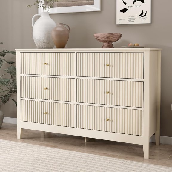 Beige Dresser, 6 Drawers Fluted Chest of Drawers with Storage, Modern Wide Storage Dresser with Paint Design, Wood Drawer Organizer Beige Dressers for Bedroom, Hallway, Entryway