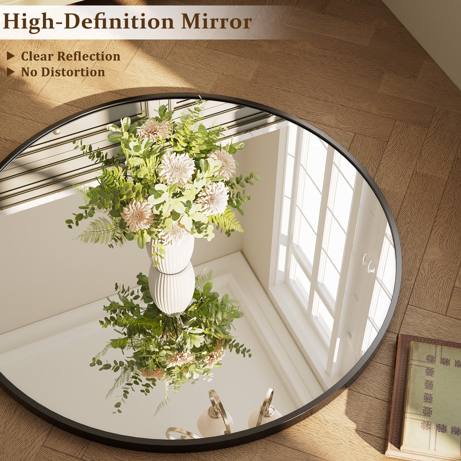 AUROMIR‌ 36" Bathroom Mirror Round Mirror Wall Vanity Mirror with Metal Frame, Black