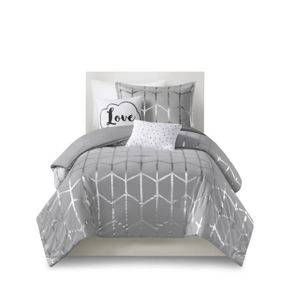 Ergode Comforter Set - Geometric Pattern in Metallic Silver - Soft Grey Backdrop - Includes Shams and Decorative Pillows - Ultra-Soft Microfiber - Treatment - Wrinkle-Free Packaging