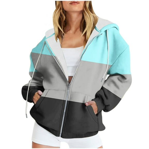 Fashion Olyvenn Women's Color Block Long Sleeve Zip Up Fuzzy Fleece Hoodie Sweatshirt Outwear Jacket with Pockets Light Blue 4