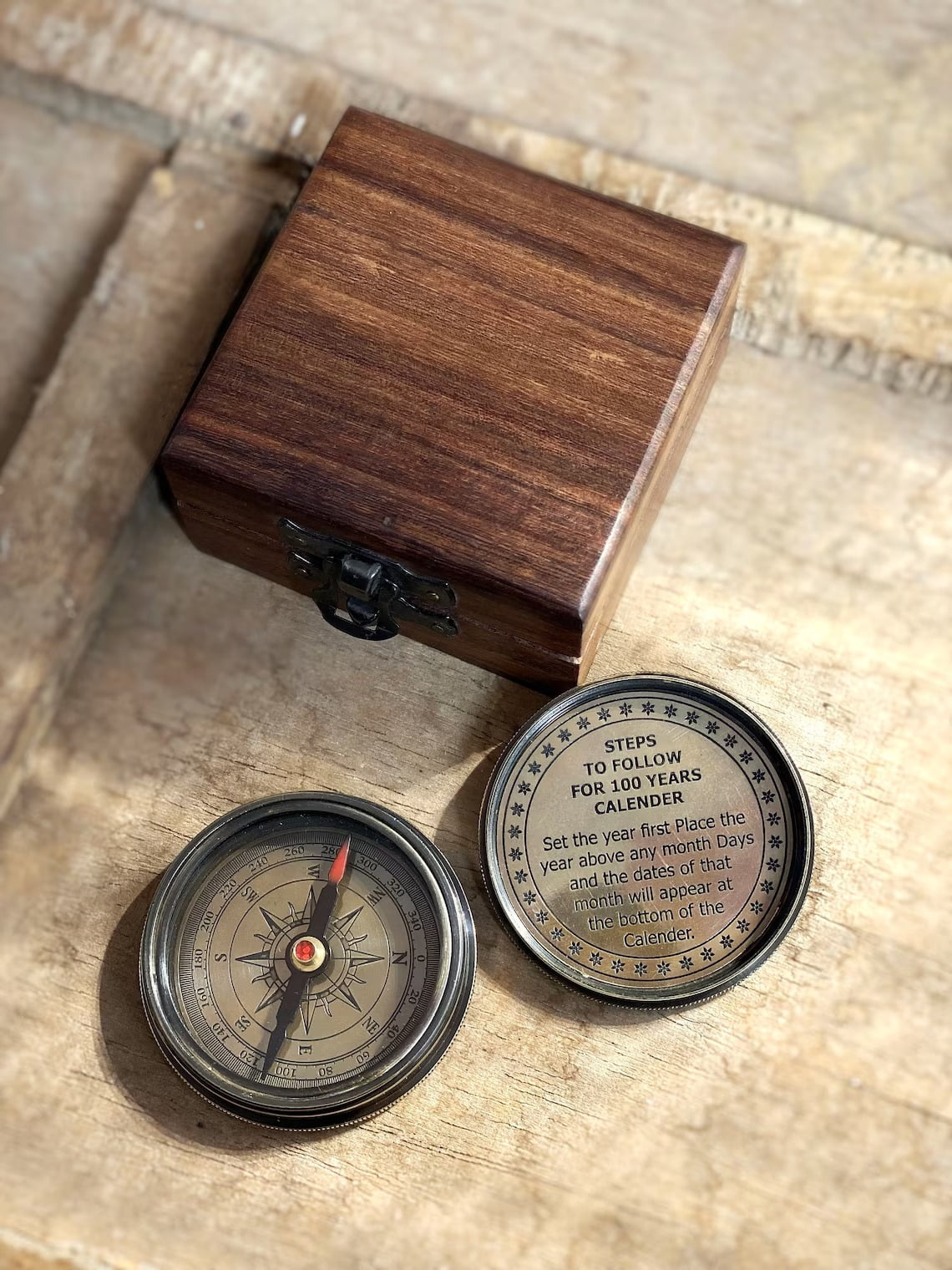 Handmade Brass Compass & 100-Year Calendar with Wooden Box – Nautical Desk Decor