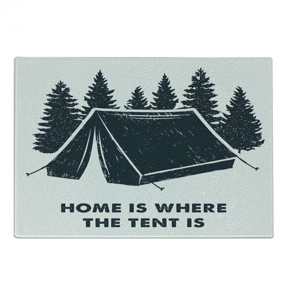 Saying Cutting Board, Home is Where the Tent is Lettering with Pine Trees Camping Travel Theme, Decorative Tempered Glass Cutting and Serving Board, Small Size, Dark Blue and White, by Ambesonne