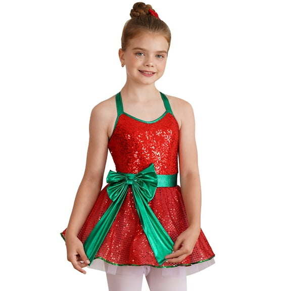 Doomiva Kids Girls Sparkly Sequins Bow Sleeveless Leotard Tutu Dress Christmas Dancewear Red 6