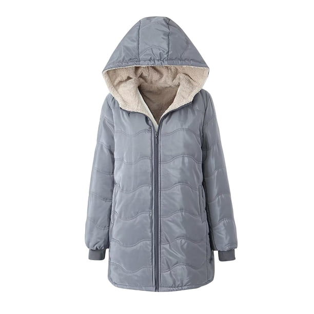 Puntoco Chaqueta De Algodón De Manga Larga Con Capucha Y Ondas Geométricas De Color Liso Para Mujer, De Largo Medio, Con Imitación De Lana De Cordero Y Felpa