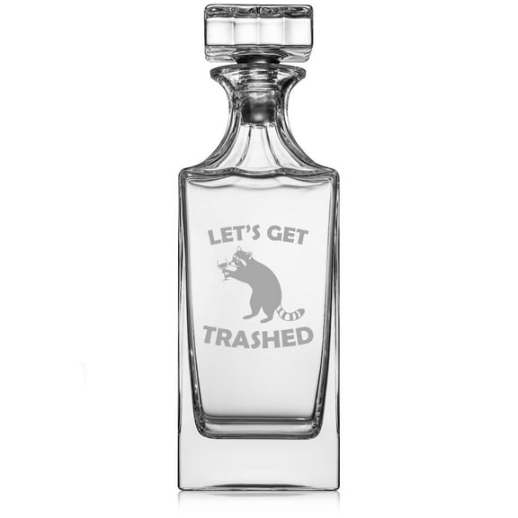 30 oz Glass Whiskey Decanter with Glass Stopper Let's Get Trashed Raccoon Funny Gift