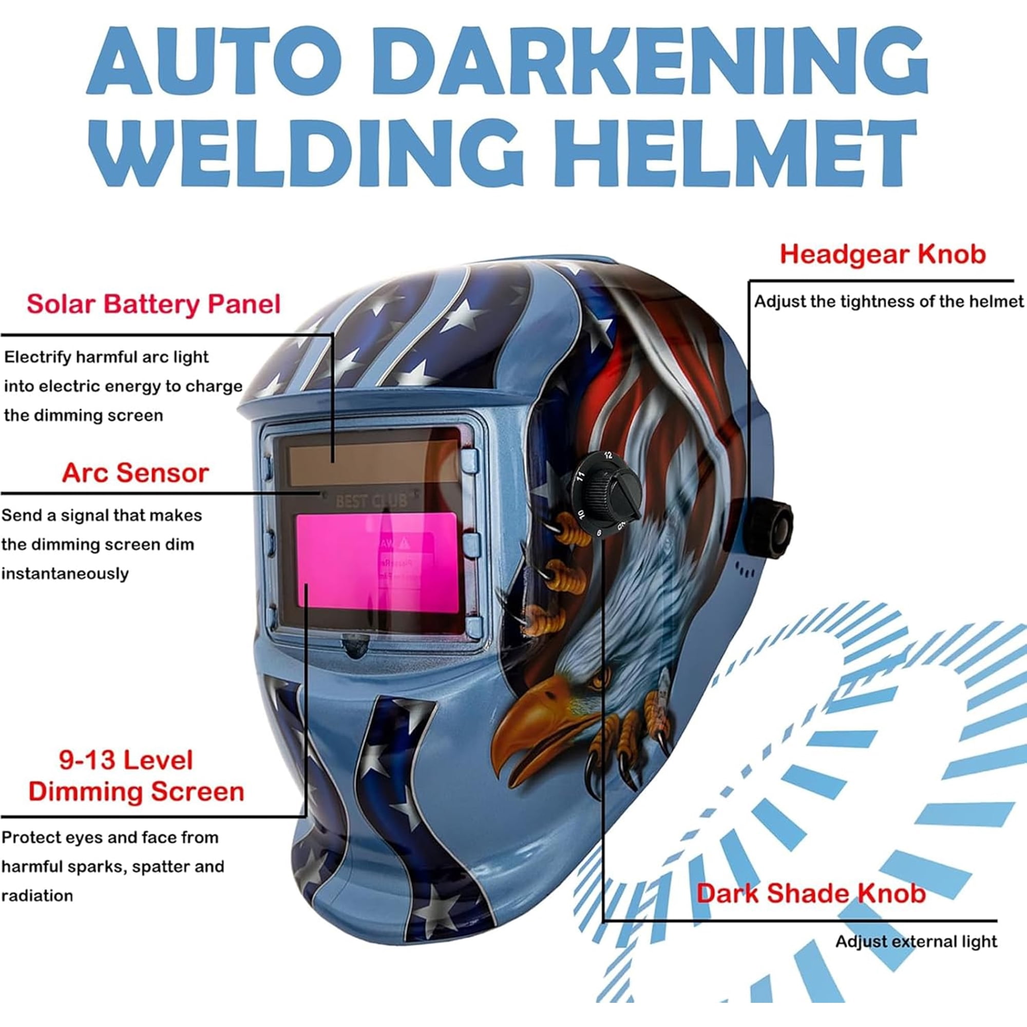 Welding Helmet, True Color Solar Power Auto Darkening Welding Helmet Welder Hood with Adjustable Shade Range for Mig Tig Arc Sensor Welder Mask