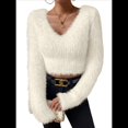thumbnail image 3 of Suéter Corto de Larga con Cuello en V para Mujer, Informal, Liso, Ajustado, Cálido, de Punto Albaricoque M, 3 of 8