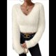 thumbnail image 3 of Suéter Corto de Larga con Cuello en V para Mujer, Informal, Liso, Ajustado, Cálido, de Punto Albaricoque XL, 3 of 8