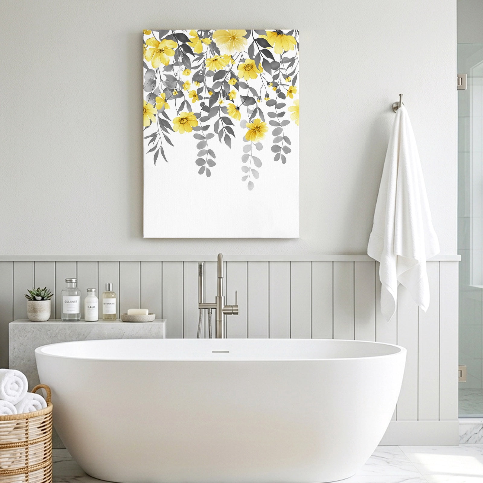 Spring Summer Flowers Canvas Wall Art for Living Room, Vintage Watercolor Yellow Floral Grey Leaf Plant Poster Print Painting for Bedroom Office Home Decoration Wall Pictures Prepare To Hang 16"x24"