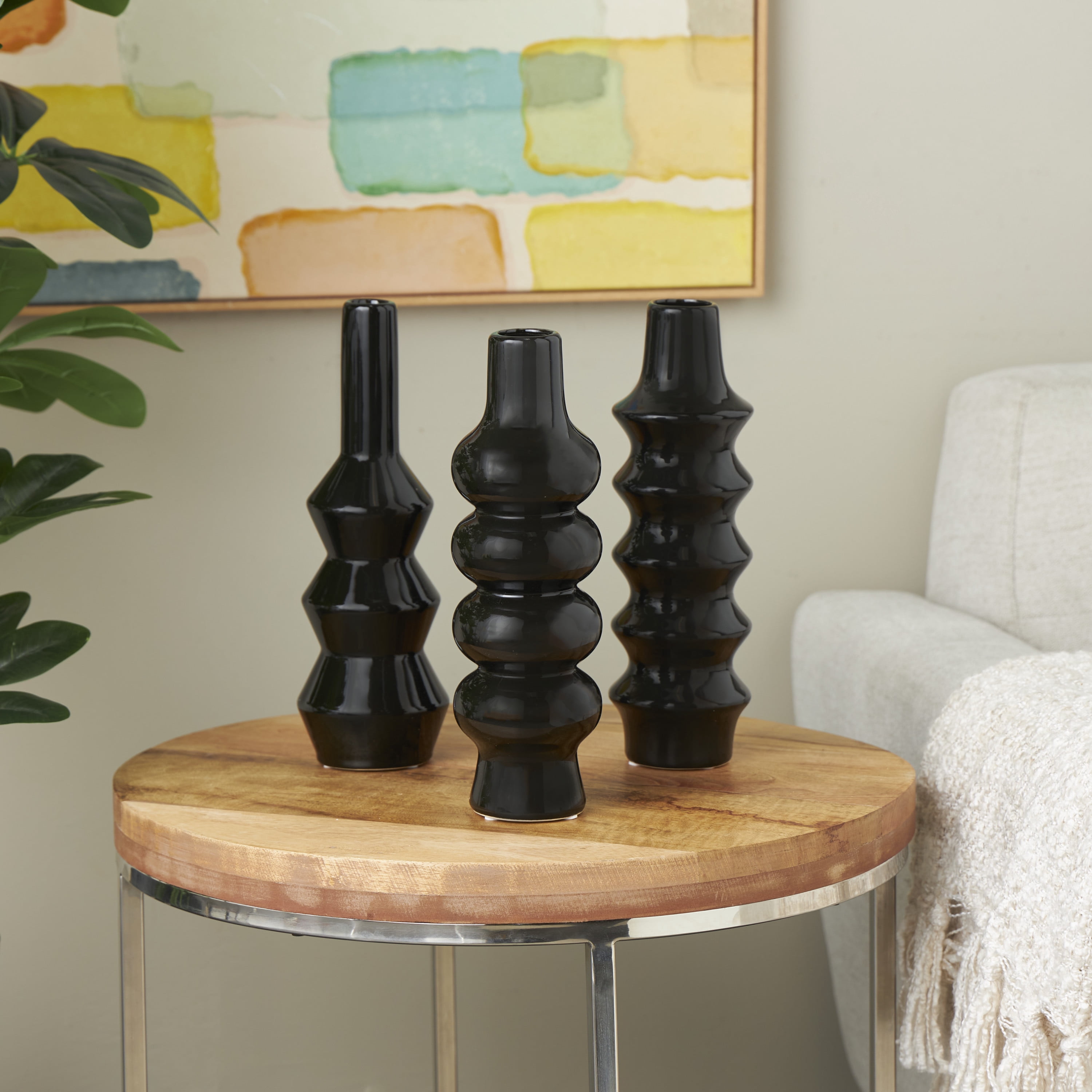 DecMode 3"W, 11"H Abstract Bubble Inspired Black Ceramic Vase with Varying Shapes, Set of 3