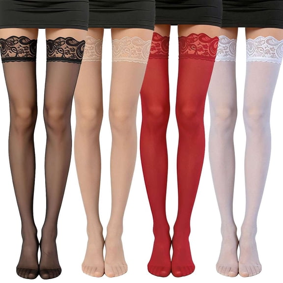 Deago 4 Pairs Women's Lace Top Thigh High Sheer Stockings Nylon Anti-skid Silicone Stay Up Lingerie Pantyhose (Multicolor)