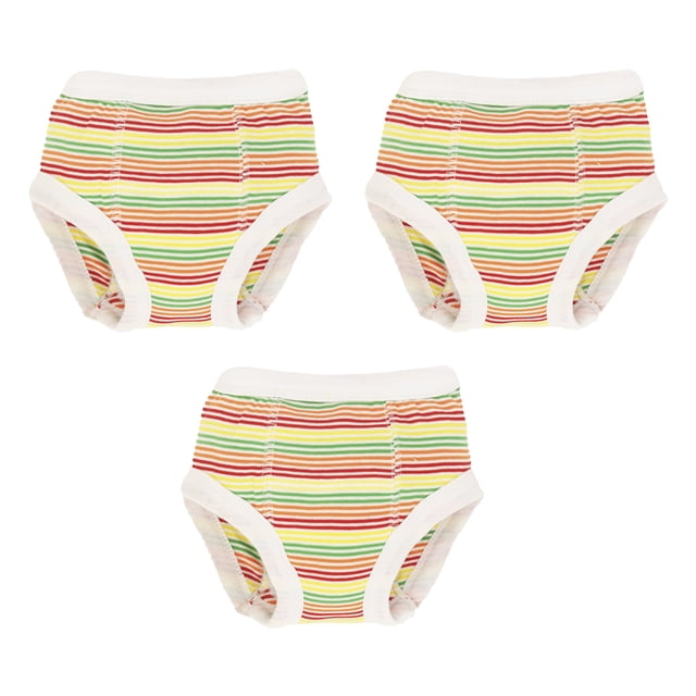 Under The Nile Organic Cotton Multicolor Stripe Training Pants Set of 3, 2 To 4 Years. A set of three training pants featuring multicolour stripes with a rib knit design and elastic waist for comfort. Made with two layers of terry liner for softness and absorbency, ideal for potty training. Crafted from organic cotton without pesticides or chemicals, certified fair trade, and Climate Pledge Friendly.