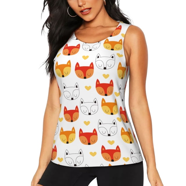 Fotbe Cute Fox with Heart Blusas Sin Mangas para Mujer – Estilo Casual, Corte Suelto, Slim-Fit, Cuello Redondo Deportivo, Tops de Verano para Gimnasio y Yoga-Small