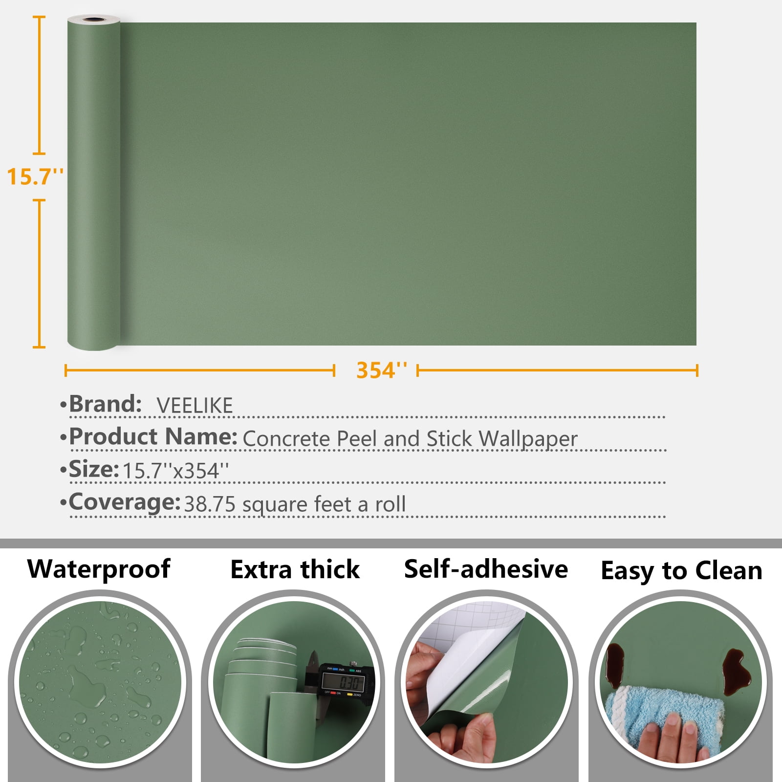 VEELIKE Vintage Green Wallpaper Self Adhesive Olive Green Contact Paper for Cabinets 15.7''x354" Green Peel and Stick Wallpaper for Bedroom Bathroom Removable Vinyl Wallpaper for Walls Countertop