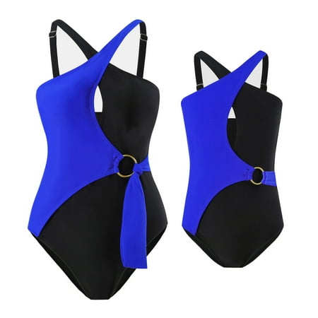 Odeerbi Mommy and Me Swimsuits One Piece Swimsuit for Women Tummy Control Bathing Suit High Cut Swimwear Parent-Child Bikini Outfit Mother-Daughter Adult Beachwear Bodysuit Blue
