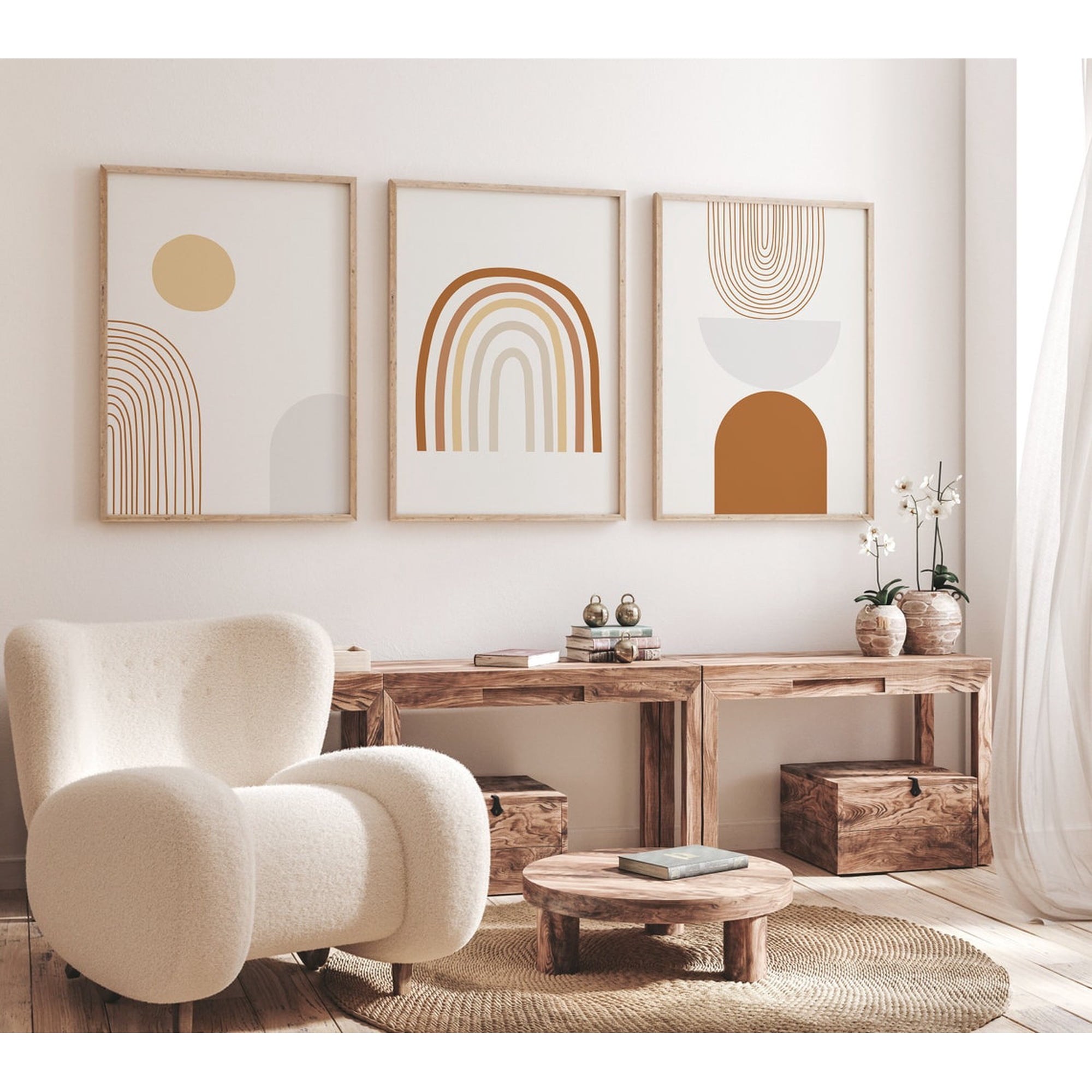 Set Of 3 Boho Abstract Wall Art Prints Terracotta Arch And Sun Minimalist Neutral Modern Living Room And Office Decor