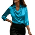 thumbnail image 5 of Homenesgenics Womens Tops Plus Size Spring Solid Color Satin Satin Elegant Solid Color Cowl Neck Three-Quarter Sleeve Top/Shirt Blue XL, 5 of 7