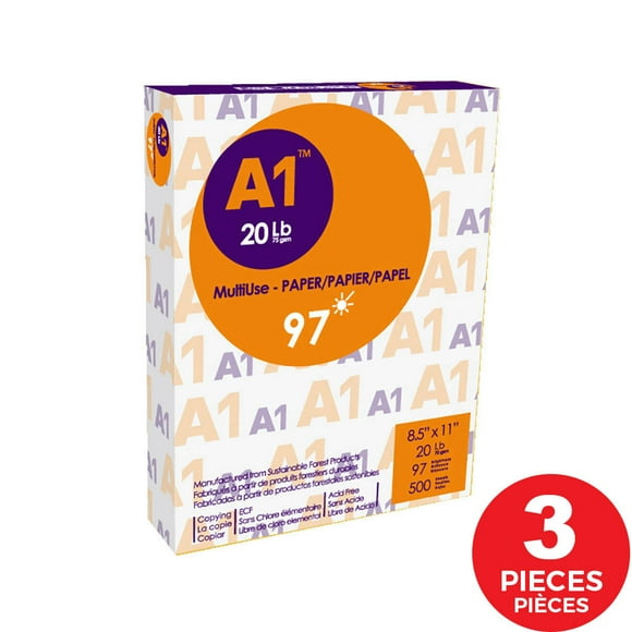A1 Multipurpose Copy Printer Paper 1500 Sheets, 8.5 x 11 Inches, 20lbs 97 Bright (3Pack, 500shees/pack)