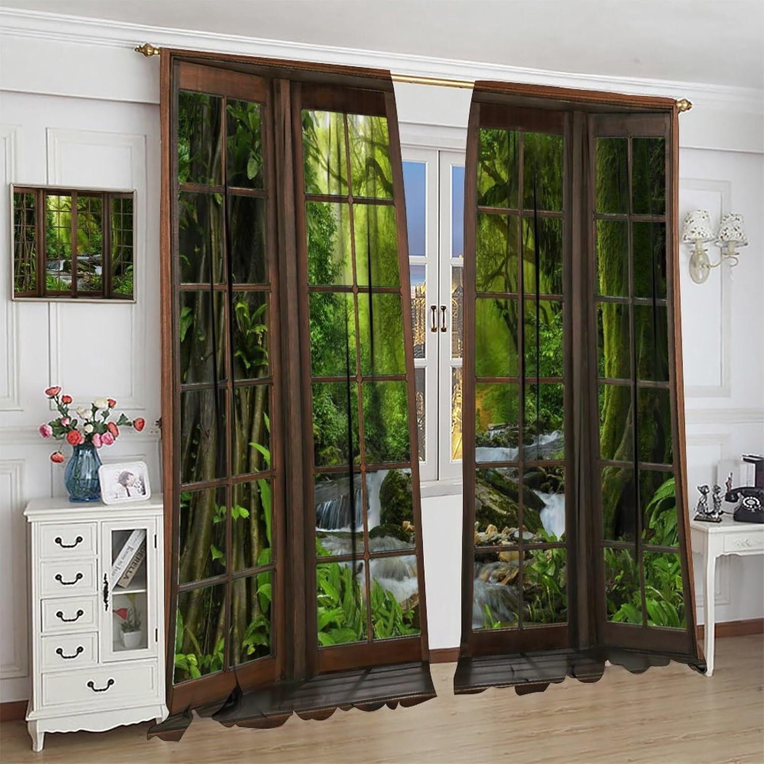 Natural Forest Scenery Curtains, Beautiful Waterfalls Through Windows Forest Nature Theme, Blackout Curtains for Bedroom Living Room84X84 Inch