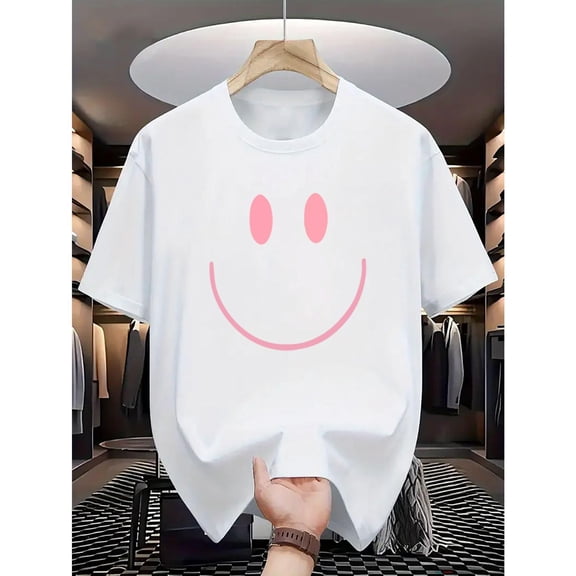 Unisex White Print Tshirt Graphic Tees Shirts Pink Smile Face Minimalist Humor S-5XL Tops