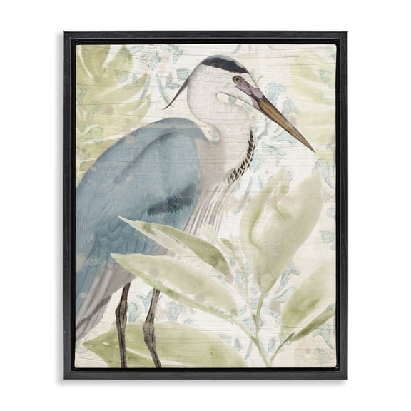 Stupell Industries Tropical Heron & Tropical Leaves Black Floating Frame Canvas Art, 17 x 21, by June Erica Vess