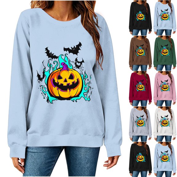 Inverlee Womens Flaming Jack O Lantern Bat Graphic Long Sleeve Round Neck Sweatshirt Retro Halloween Spooky Loose Fit Pullovers Autumn Festival Soft Basic Tees Fall Festival Daily Outfits Red （S-XXL）