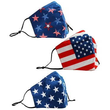 Norty 3 Pack USA Flag Cotton Face Covering Adult Washable Reusable 3 Layer Premium Face Mask Patriot Stars and Stripes