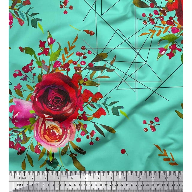 Soimoi Moss Georgette Fabric Triangle,Berries & Rose Flower Printed Fabric 1 Yard 42 Inch Wide