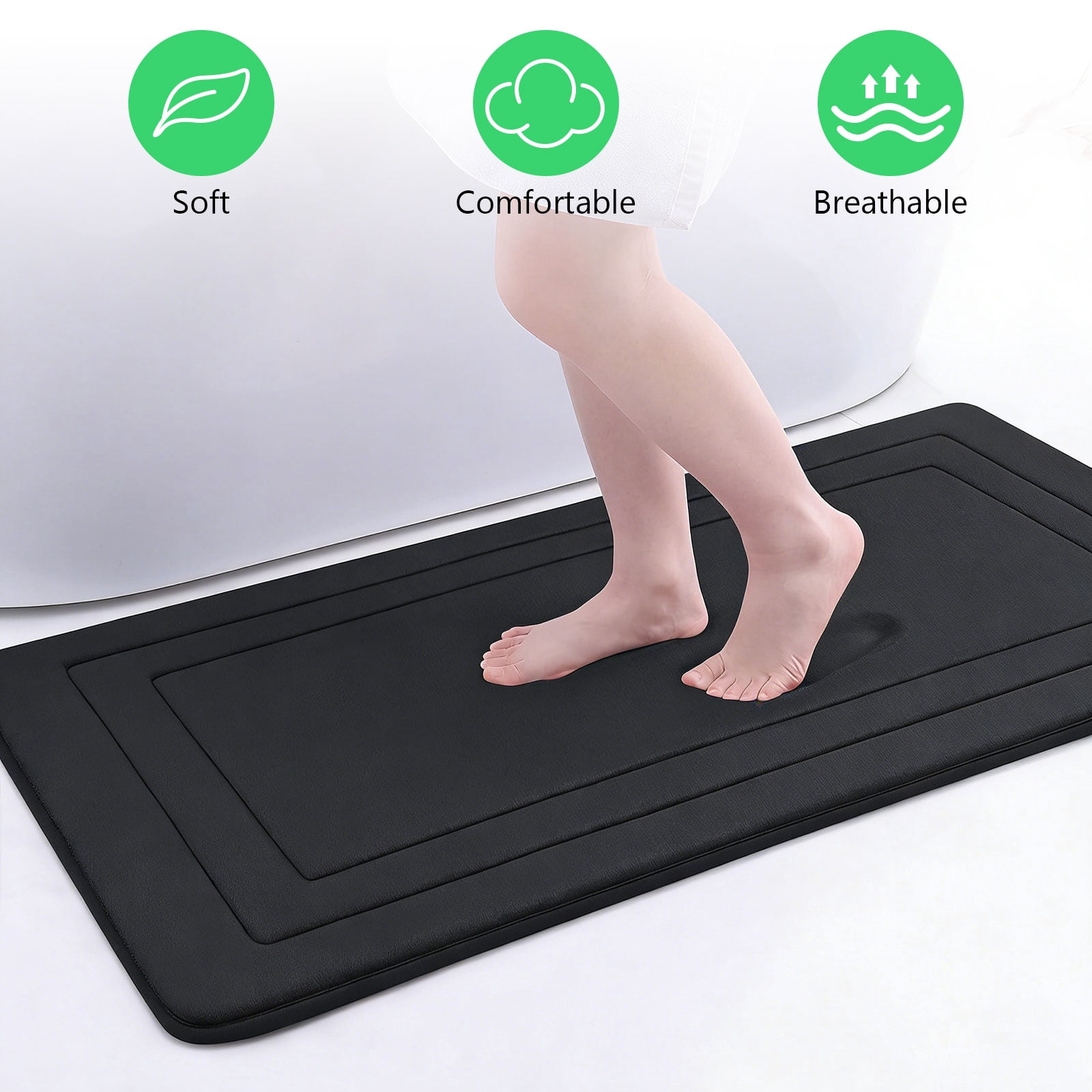 Tripumer 3 Pcs Large Memory Foam Bath Mat Set Bathroom Rugs Set U Shape Mats for Bath Floor Black