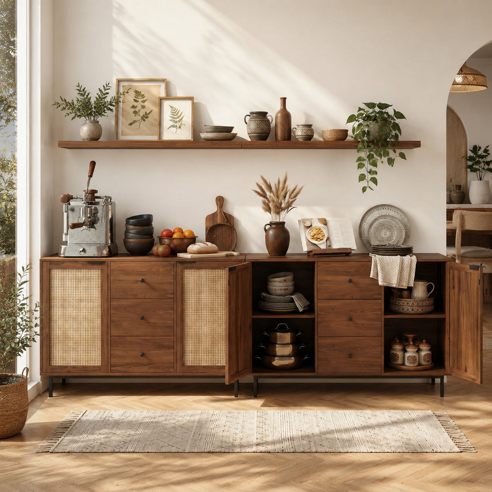 Furnibear Sideboard Buffet Cabinet Rustic Farmhouse Coffee Bar Table with 2 Rattan Doors and 3 Drawers for Kitchen Dining Living Room Buffet, Brown
