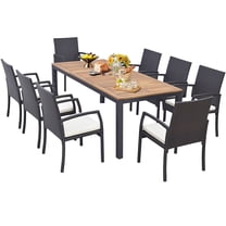 Costway 9 PCS Patio Rattan Dining Set with Acacia Wood Table, Cushions, 1.9" Umbrella Hole