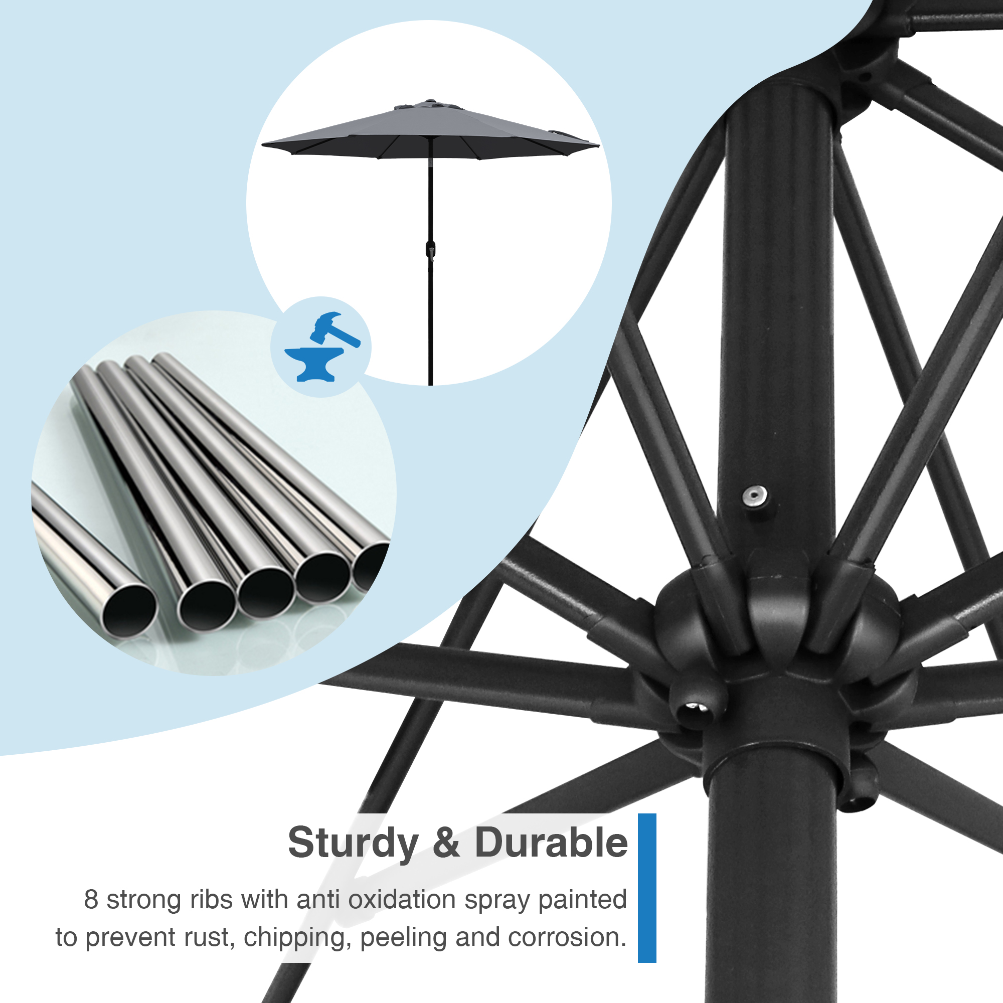 Abble Outdoor 9ft Patio Umbrella with Crank Handle and Push Button Tilt, Outdoor Market Umbrella with 8 Ribs for Garden, Deck, Backyard, Pool, Dark Gray