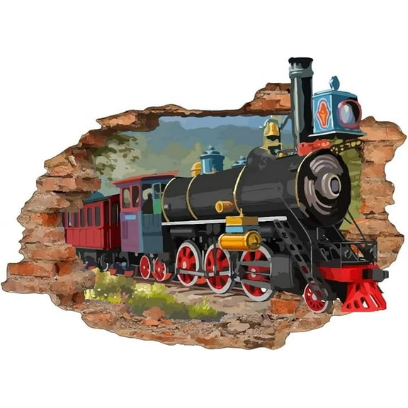 3D Retro Train Wall Decal Colorful Train Breaking Through The Wall Vinyl Wall Stickers Removable Wall Art for Children's Room Nursery Kindergarten Wall Decoration