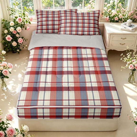 Manfei Vintage Grid Zipper Twin Comforter Sets with Fitted Sheet and 2 Pillowcases,Modern Check Zipper Bedding Set,Red White Blue,Light Gray Reversible,4pcs