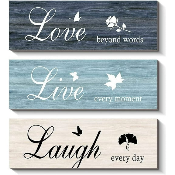 MUCHENGGIFT Live Laugh Love Wall Decor Wood Sign, 3 Pieces Rustic Wood Plaque Farmhouse Wall Decoration for Home Office Wedding Kitchen and Living Room, 4x12 Inch x3,Blue